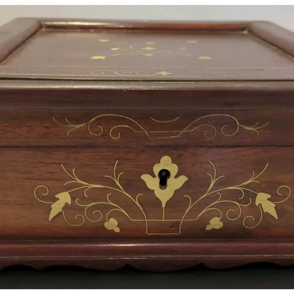 Large Vintage Inlaid Wood Jewelry Chest 10x10 Two-Tier Heart Mirror 9-Comp